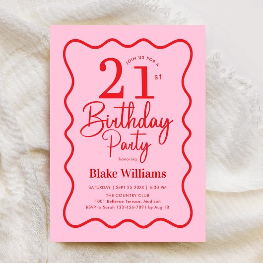Invitation Pink Red Retro 21st Birthday Wavy Border