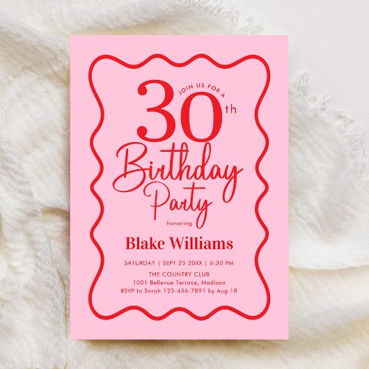 Invitation Pink Red Retro 30th Birthday Wavy Border