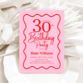 Invitation Pink Red Retro 30th Birthday Wavy Border