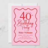 Invitation Pink Red Retro 40th Birthday Wavy Border (Devant)