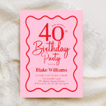 Invitation Pink Red Retro 40th Birthday Wavy Border<br><div class="desc">Pink red 40th birthday party invitation. Trendy modern design with a retro touch,  perfect for a stylish women's bday celebration. Features wavy border and script font. Customize with your own details. Message me if you need custom age. Printed Zazzle invitations or instant download digital printable template.</div>