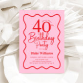 Invitation Pink Red Retro 40th Birthday Wavy Border