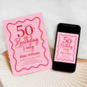 Invitation Pink Red Retro 50th Birthday Wavy Border