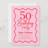 Invitation Pink Red Retro 50th Birthday Wavy Border (Devant)