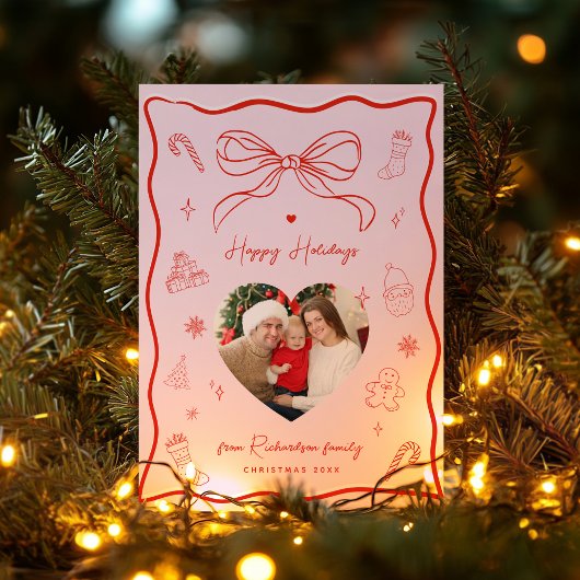 Invitation Pink & Red Retro Bow Photo Happy Holidays Card
