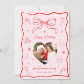 Invitation Pink & Red Retro Bow Photo Happy Holidays Card (Devant)