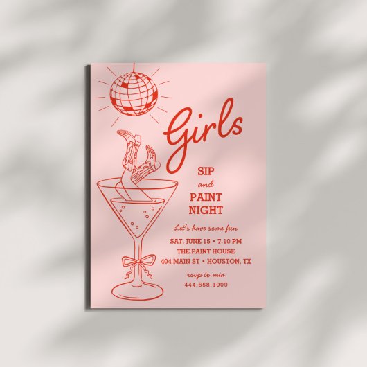 Invitation Pink & Red Sip and Paint Party Girls Night Out