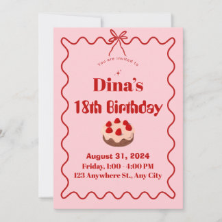Invitation Pink Red Strawberry Cupcake Birthday Invite