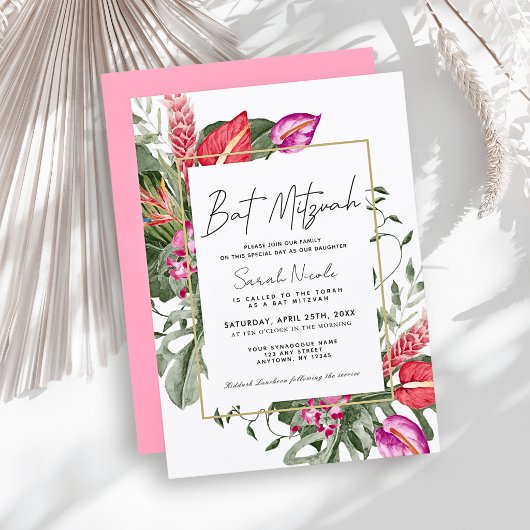 Invitation Pink & Red Tropical Floral Bat Mitzvah