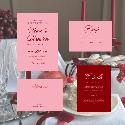 Invitation Pink Red Valentines Minimalist Script Wedding