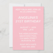 Invitation Pink Restez calme et fêtes à l'anniversaire (Dos)