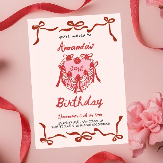 Invitation Pink Retro Cake and red Bow Coquette Birthday