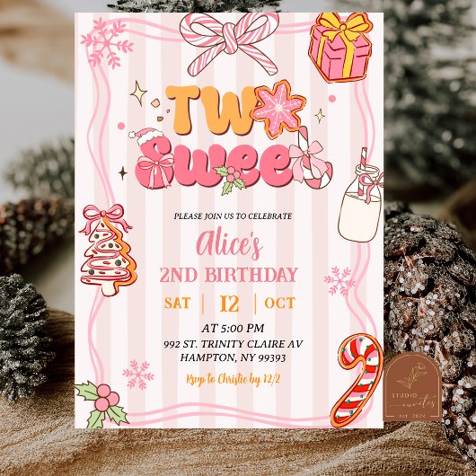 Invitation Pink Retro Christmas Winter Two Sweet Birthday