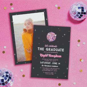 Invitation Pink Retro Discoball & Flares Graduation Party
