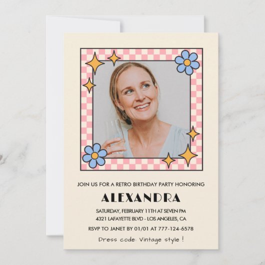 Invitation Pink Retro Floral Photo 48e anniversaire invitatio (Devant)