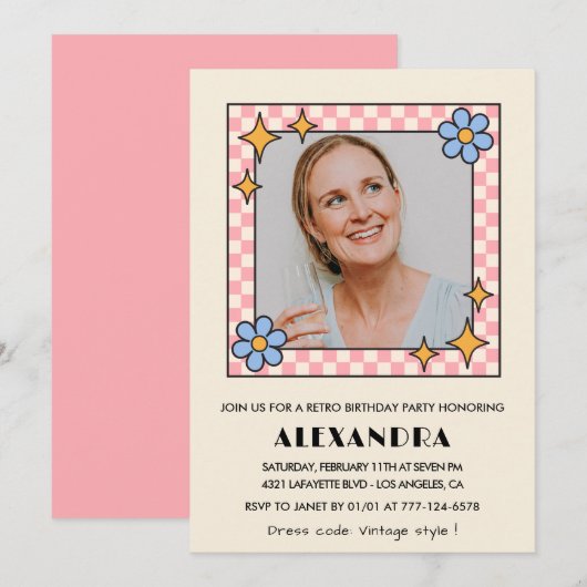 Invitation Pink Retro Floral Photo 68e anniversaire invitatio (Devant / Derrière)