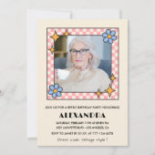 Invitation Pink Retro Floral Photo 96e anniversaire invitatio (Devant)