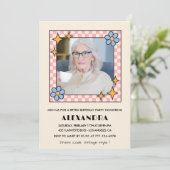 Invitation Pink Retro Floral Photo 96e anniversaire invitatio (Debout devant)