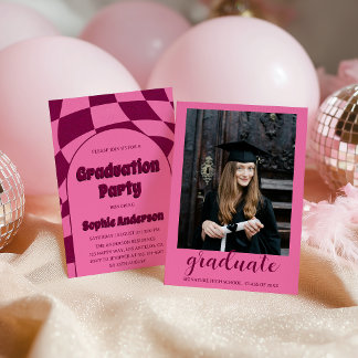 Invitation Pink Retro Groovy Arch with Photo Graduation Party