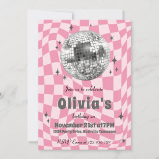 Invitation Pink Retro Groovy Coquette Disco Ball Birthday