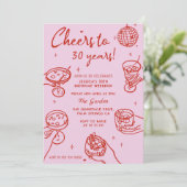 Invitation Pink Retro Main dessinée Funky Anniversaire Party (Debout devant)