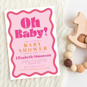 Invitation Pink Retro Oh Baby Wavy Squiggle Frame Baby shower