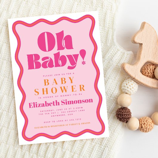 Invitation Pink Retro Oh Baby Wavy Squiggle Frame Baby shower
