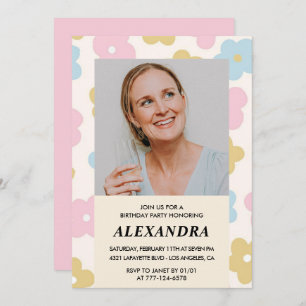 Invitation Pink Retro Photo Floral 47e anniversaire invitatio