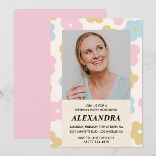 Invitation Pink Retro Photo Floral 68e anniversaire invitatio