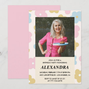Invitation Pink Retro Photo Floral 86e anniversaire invitatio