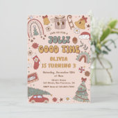 Invitation Pink Retro Rainbow Truck Noël fête d'anniversaire (Debout devant)