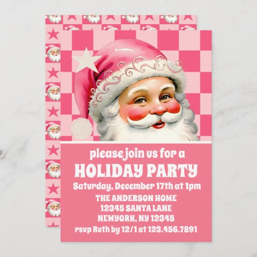 Invitation Pink Retro Santa Claus Pink Tartan Plaid Noël (Devant / Derrière)