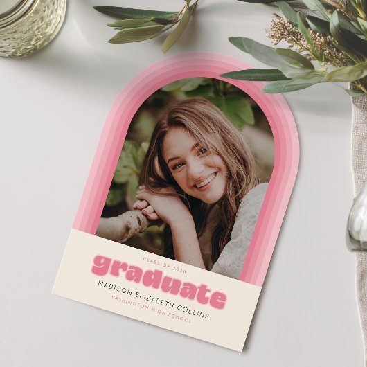 Invitation Pink Retro Striped Arch Graduation Announcement