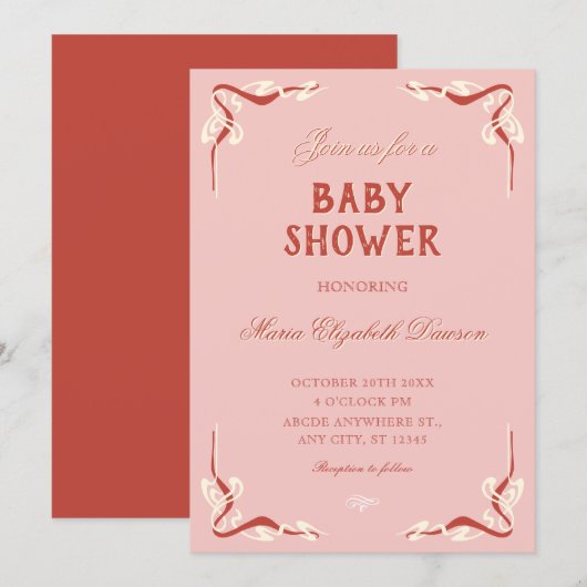 Invitation Pink retro vintage baby shower (Devant / Derrière)