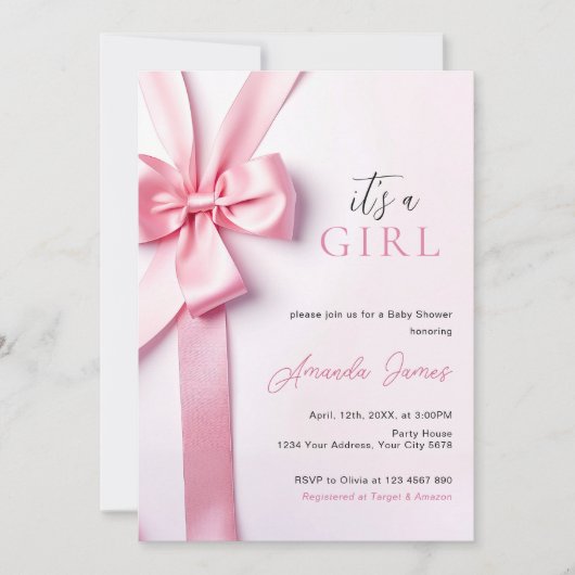 Invitation Pink Ribbon Bow Baby Shower It's a Girl (Devant)