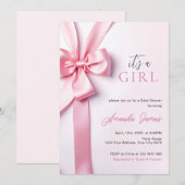 Invitation Pink Ribbon Bow Baby Shower It's a Girl (Devant / Derrière)