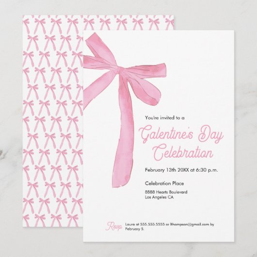 Invitation Pink Ribbon Bow Girly la fête de la Saint-Galentin (Devant / Derrière)