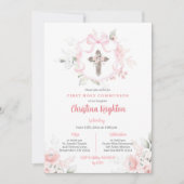 Invitation Pink Ribbon Crest Girl première sainte communion (Devant)