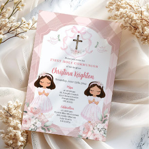 Invitation Pink Ribbon Crest Twins Girl First Holy Communion