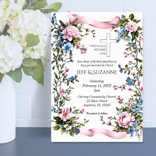 Invitation Pink Ribbon Floral Cross Deux deviennent un