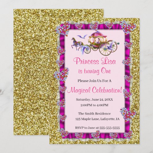 Invitation Pink Ribbon Gold Parties scintillant Royal Princes (Devant / Derrière)
