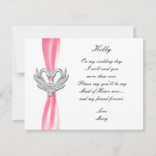 Invitation Pink Ribbon Silver Swans Maid Of Honor Card