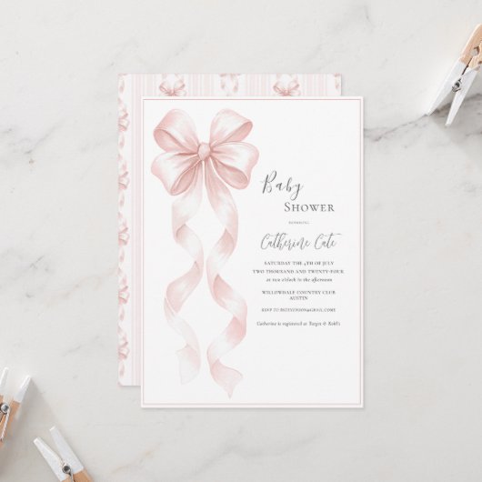 Invitation Pink Ribbons & Bows Elegant Baby (Devant/Arrière en situation)