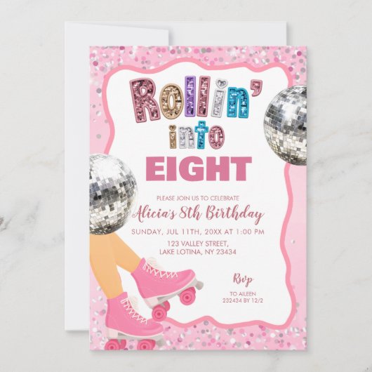 Invitation Pink Roller Skate Glitter Sequin Birthday (Devant)