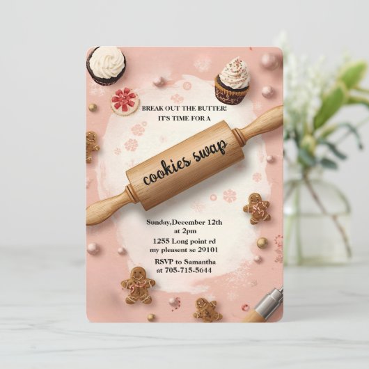 Invitation Pink Rolling Pin Cookie Swap (Debout devant)