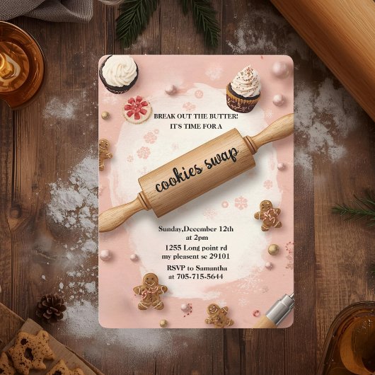 Invitation Pink Rolling Pin Cookie Swap