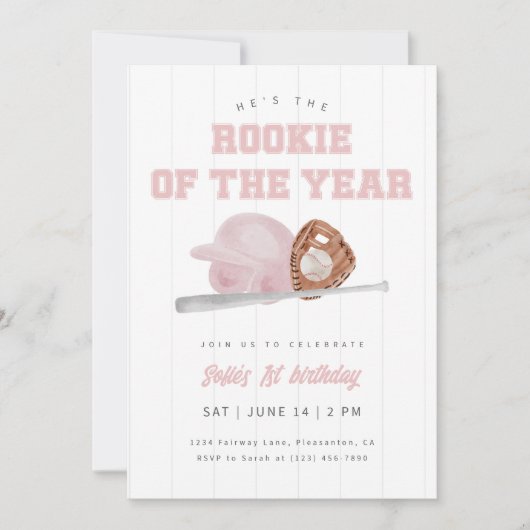 Invitation Pink Rookie of the Year Baseball First Birthday (Devant)