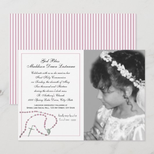 Invitation Pink Rosary Communion (Devant / Derrière)