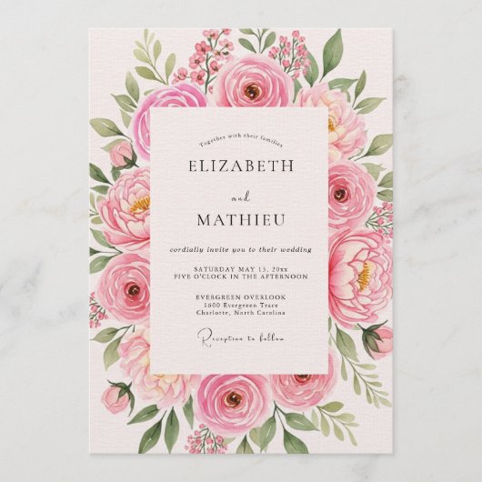 Invitation Pink Rose Bloom Wedding (Devant)