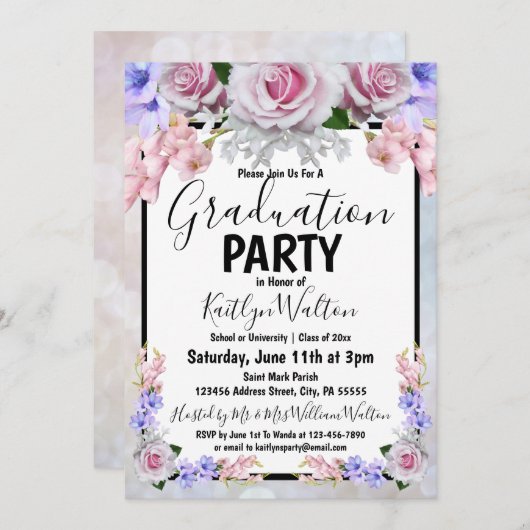 Invitation Pink Rose Bokeh Graduation Party (Devant / Derrière)